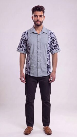 Men Light grey Navy Blue Cotton Batik Print Handloom Shirt