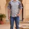 Men Light grey Navy Blue Cotton Batik Print Handloom Shirt
