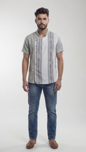 Men Light grey  White Cotton Designer Handloom Shirt