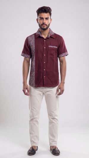 Untitled design - 1 Men Maroon base Multicolor Cotton Block print Handloom Shirt