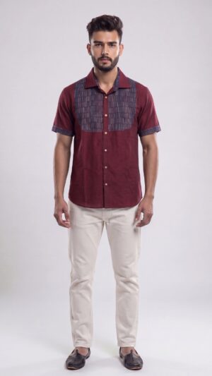 Men Maroon Charcoal Grey Cotton Vertical Striped Handloom Shirt