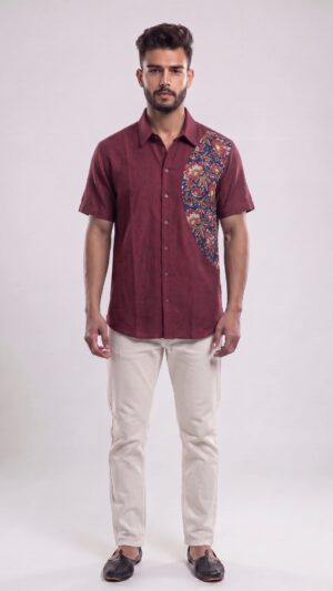 Untitled design - 1 Men Maroon Multicolor Cotton Floral Blockprint Handloom Shirt