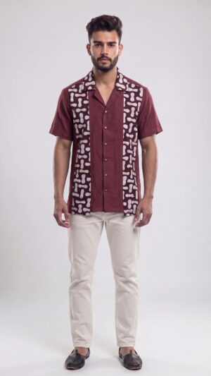 Men Maroon Off-White Cotton Batik Print Handloom Shirt