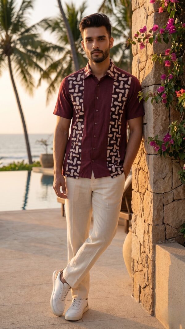 Men Maroon Off-White Cotton Batik Print Handloom Shirt