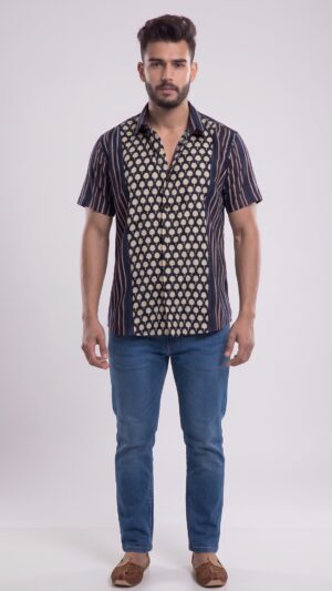 Untitled design - 1 Men Navy Blue Cream Cotton Block print Handloom Shirt