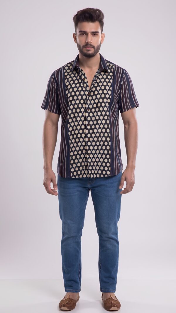 Men Navy Blue Cream Cotton Block print Handloom Shirt