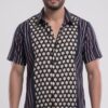 Men Navy Blue Cream Cotton Block print Handloom Shirt