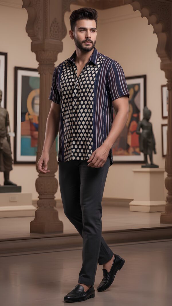 Men Navy Blue Cream Cotton Block print Handloom Shirt