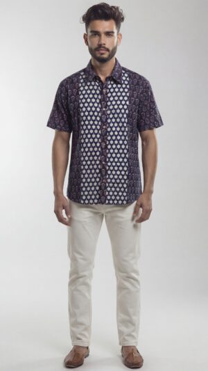 Untitled design - 1 Men Navy Blue Cream Cotton Block print Handloom Shirt