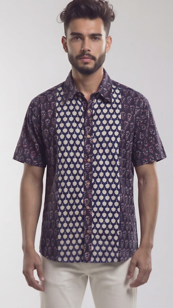 Men Navy Blue Cream Cotton Block print Handloom Shirt