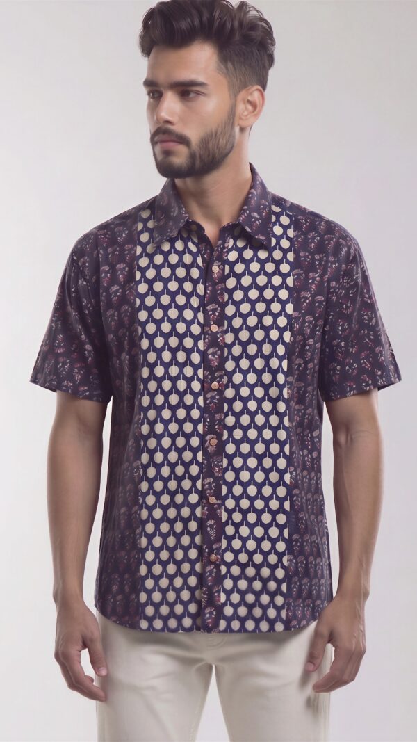 Men Navy Blue Cream Cotton Block print Handloom Shirt