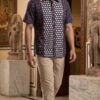 Men Navy Blue Cream Cotton Block print Handloom Shirt