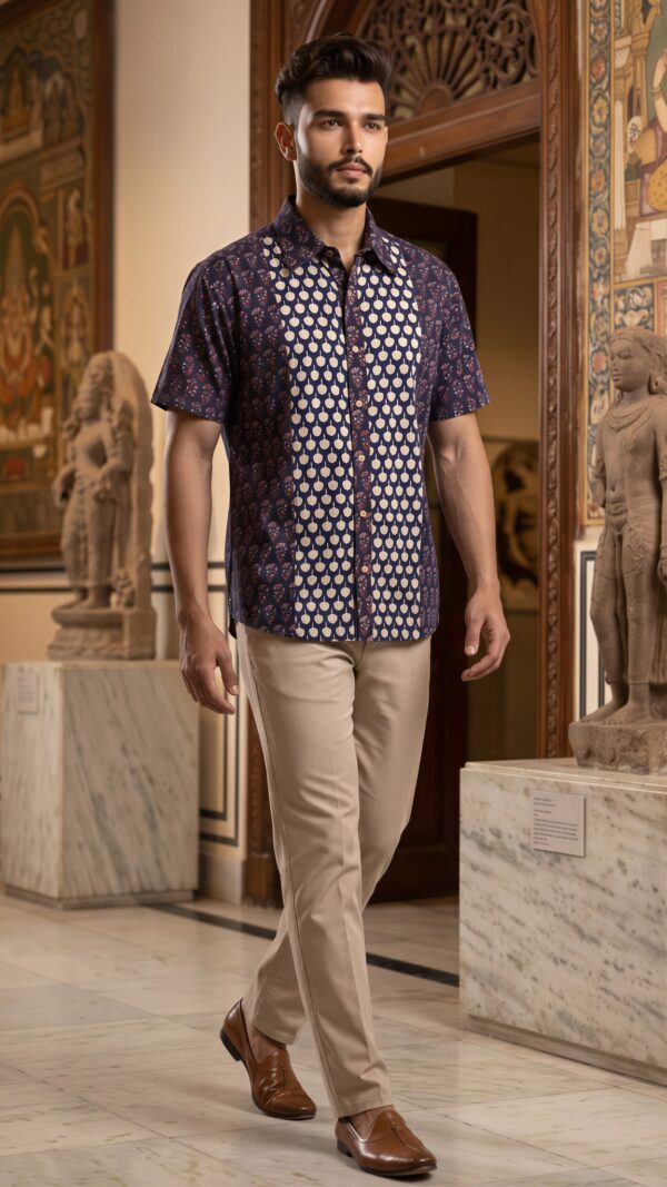 Men Navy Blue Cream Cotton Block print Handloom Shirt