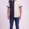 Untitled design - 1 Men Navy Blue Cream Cotton Ikat Vertical Pattern Handloom Shirt