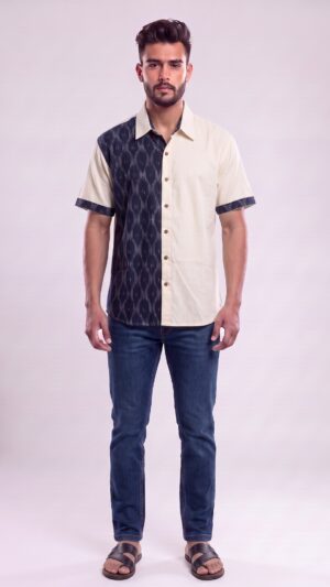 Untitled design - 1 Men Navy Blue Cream Cotton Ikat Vertical Pattern Handloom Shirt