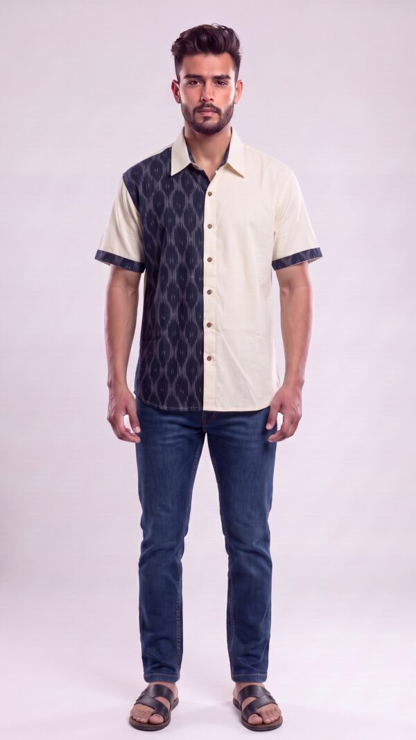 Untitled design - 1 Men Navy Blue Cream Cotton Ikat Vertical Pattern Handloom Shirt