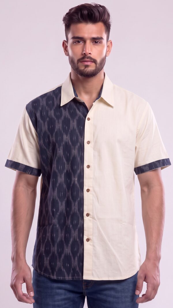 Untitled design - 2 Men Navy Blue Cream Cotton Ikat Vertical Pattern Handloom Shirt
