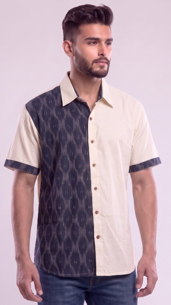 Untitled design - 3 Men Navy Blue Cream Cotton Ikat Vertical Pattern Handloom Shirt