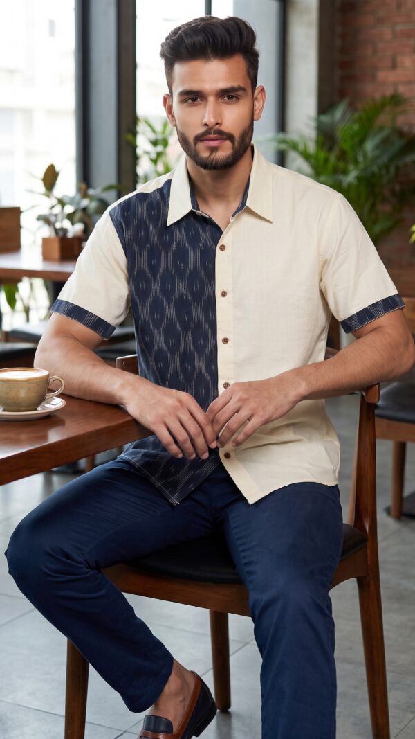 Untitled design - 5 Men Navy Blue Cream Cotton Ikat Vertical Pattern Handloom Shirt