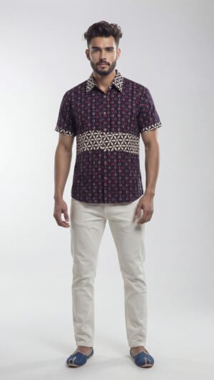 Untitled design - 1 Men Navy Blue Cream Maroon Cotton Ajrakh Printed Geometric Pattern Handloom Shirt