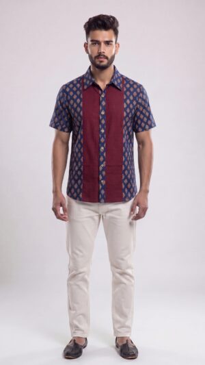 Untitled design - 1 Men Navy Blue Maroon Cotton Block print Handloom Shirt