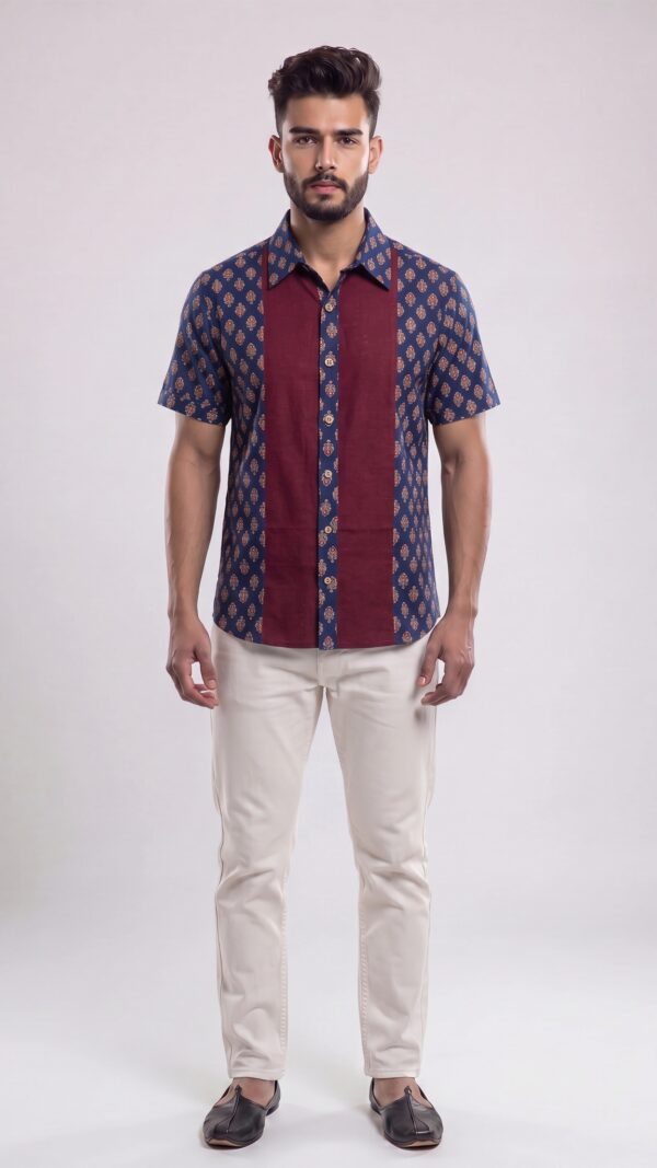 Untitled design - 1 Men Navy Blue Maroon Cotton Block print Handloom Shirt