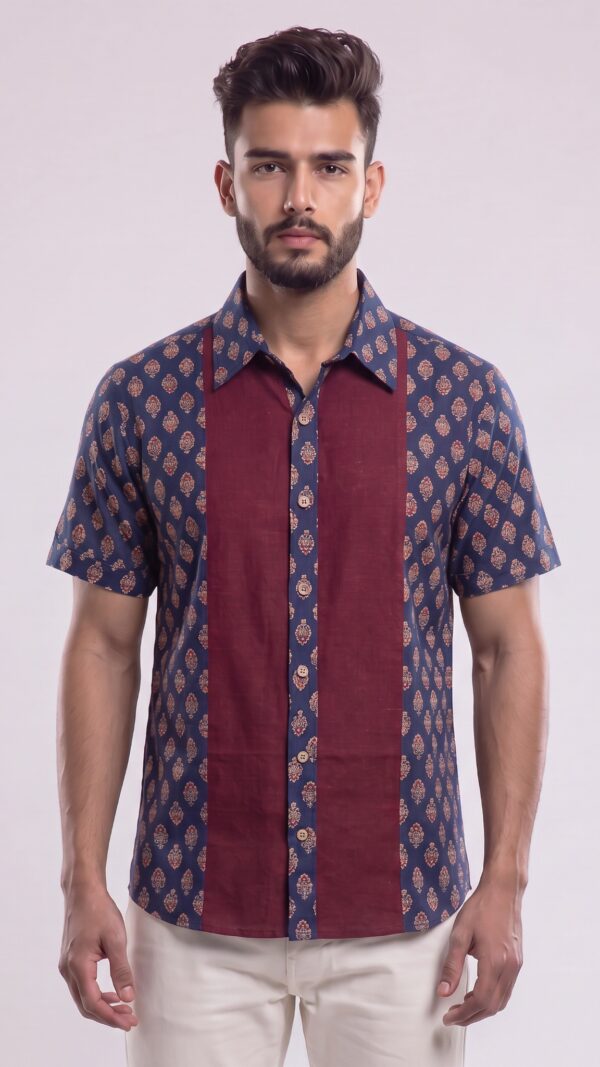 Untitled design - 2 Men Navy Blue Maroon Cotton Block print Handloom Shirt