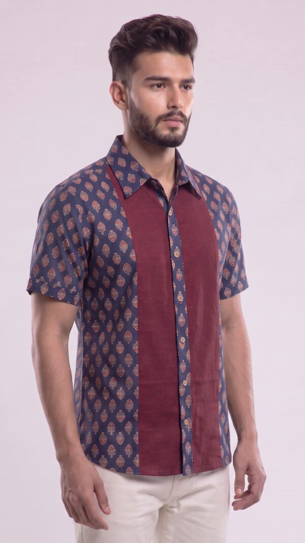 Untitled design - 3 Men Navy Blue Maroon Cotton Block print Handloom Shirt