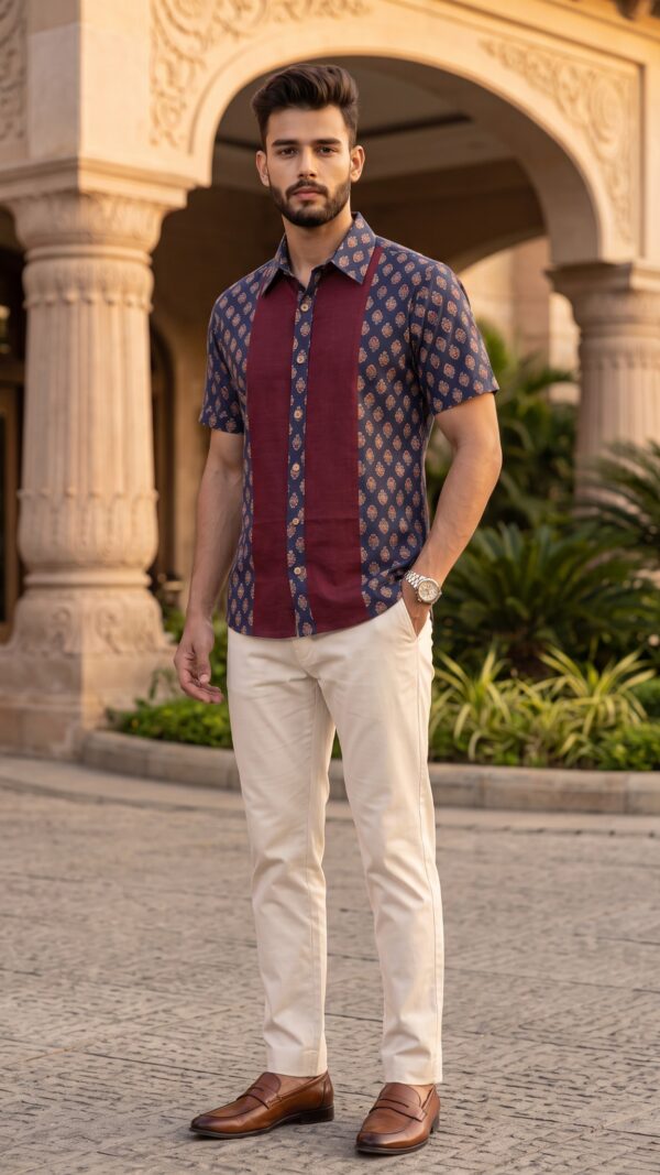 Untitled design - 5 Men Navy Blue Maroon Cotton Block print Handloom Shirt