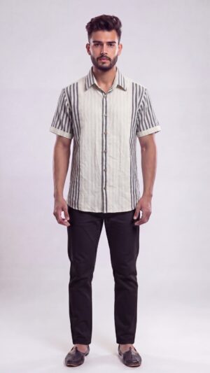 Untitled design - 1 Men Off-White Charcoal Grey Cotton Vertical Striped Handloom Shirt