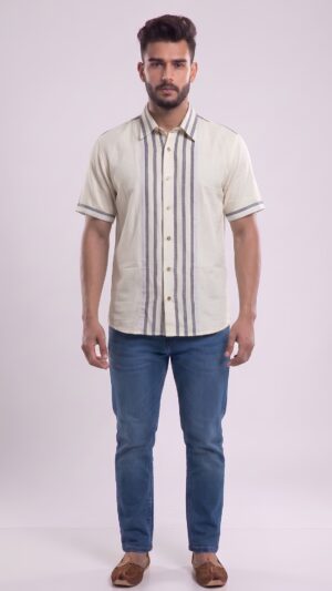 Untitled design - 1 Men Off-White Grey Cotton Vertical Striped Handloom Shirt