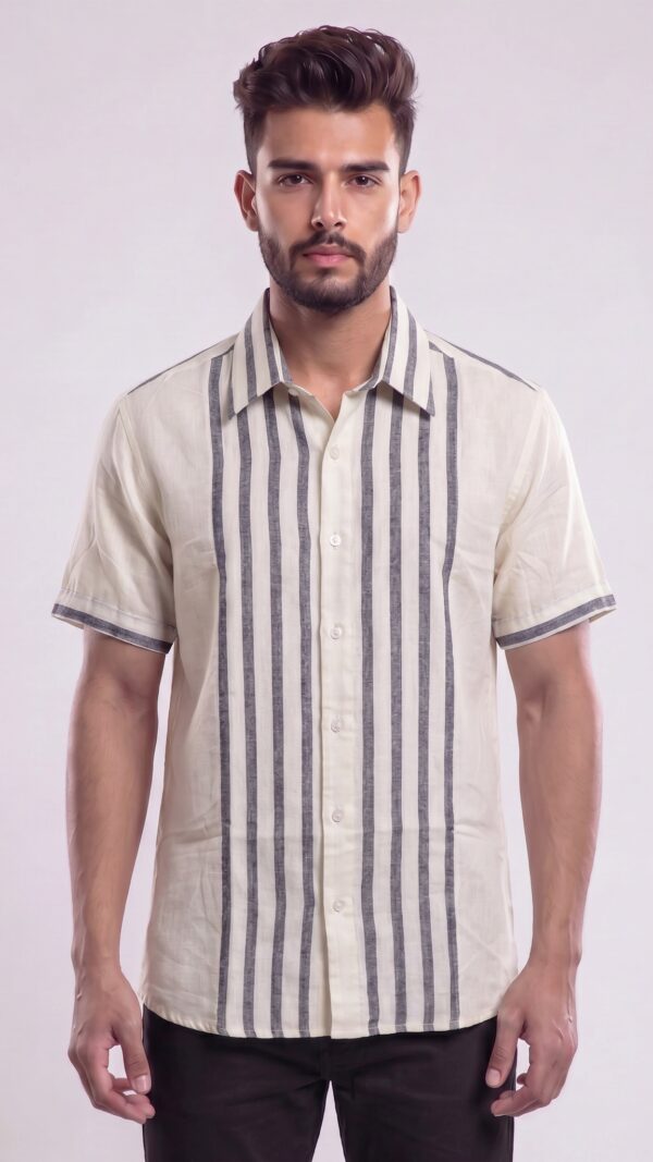 Men Off-White Grey Cotton Vertical Striped Handloom Shirt