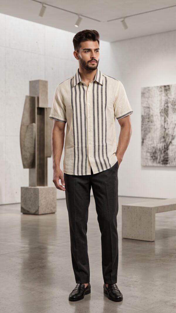 Men Off-White Grey Cotton Vertical Striped Handloom Shirt