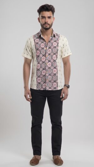 Untitled design - 1 Men Off-White Maroon Black Cotton Ajrakh Printed Handloom Shirt
