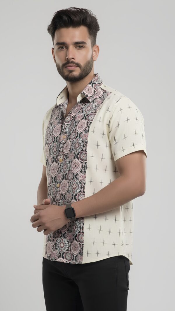 Men Off-White Maroon Black Cotton Ajrakh Printed Handloom Shirt
