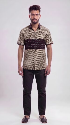 Untitled design - 1 Men Off-White Maroon Cotton Block print Handloom Shirt
