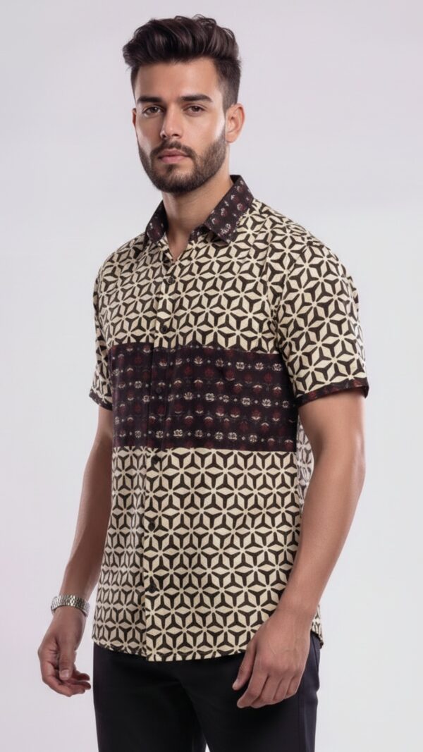 Men Off-White Maroon Cotton Block print Handloom Shirt