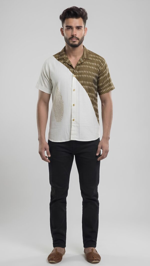 Untitled design - 1 Men Off-White Olive Green Cotton Mercerised Ikat Handloom Shirt