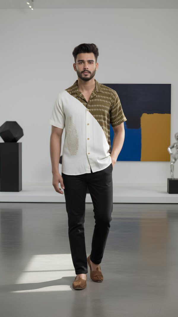 Untitled design - 5 Men Off-White Olive Green Cotton Mercerised Ikat Handloom Shirt