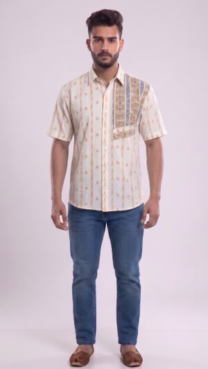 Untitled design - 1 Men Off-White Peach Light grey Cotton Sambalpuri Handloom Shirt