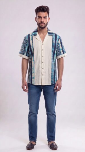 Untitled design - 1 Men Off-White Turquoise Blue Tie-Dye Handloom Shirt