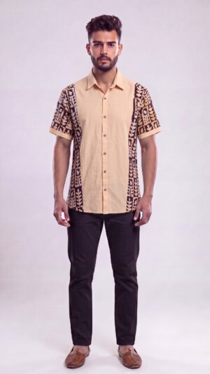 Men Peach Brown Cotton Batik Print Handloom Shirt