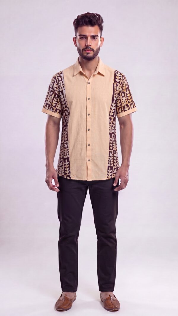 Men Peach Brown Cotton Batik Print Handloom Shirt