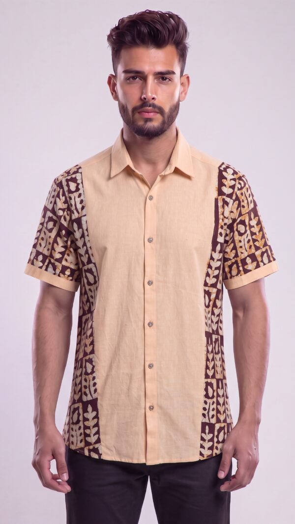 Men Peach Brown Cotton Batik Print Handloom Shirt