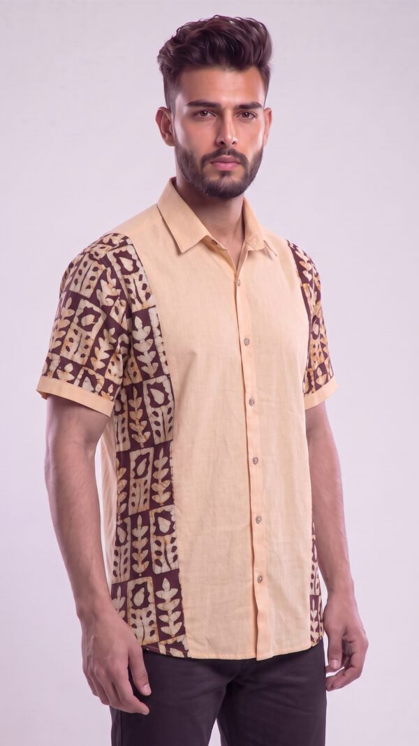 Men Peach Brown Cotton Batik Print Handloom Shirt