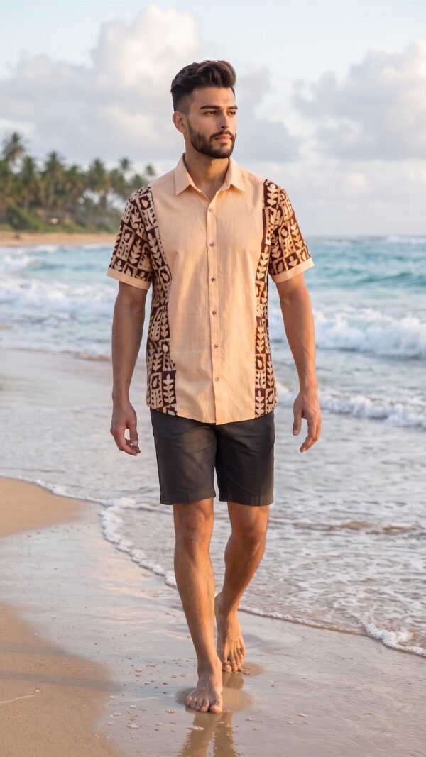Men Peach Brown Cotton Batik Print Handloom Shirt