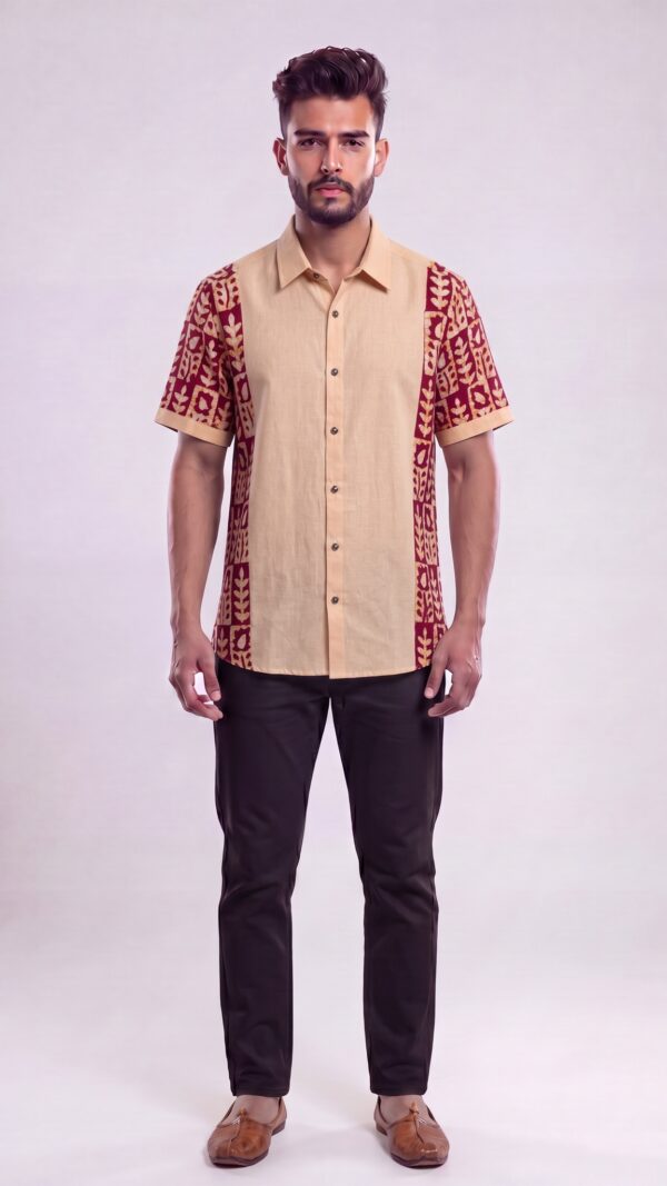 Untitled design - 1 Men Peach Maroon Cotton Batik Print Handloom Shirt