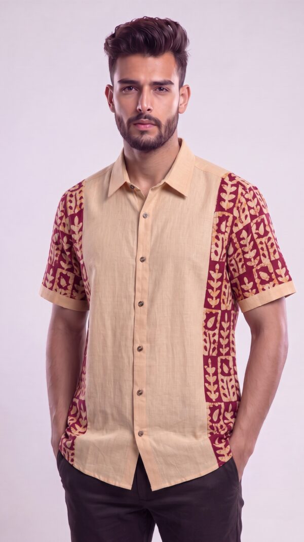 Untitled design - 2 Men Peach Maroon Cotton Batik Print Handloom Shirt