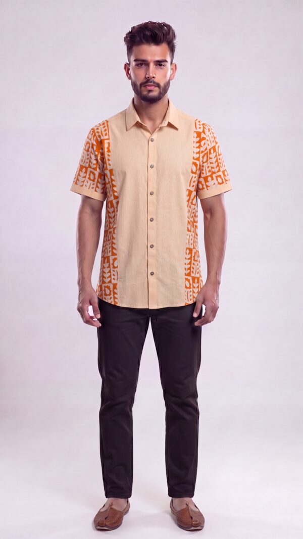 Untitled design - 1 Men Peach Vibrant Orange Cotton Batik Print Handloom Shirt