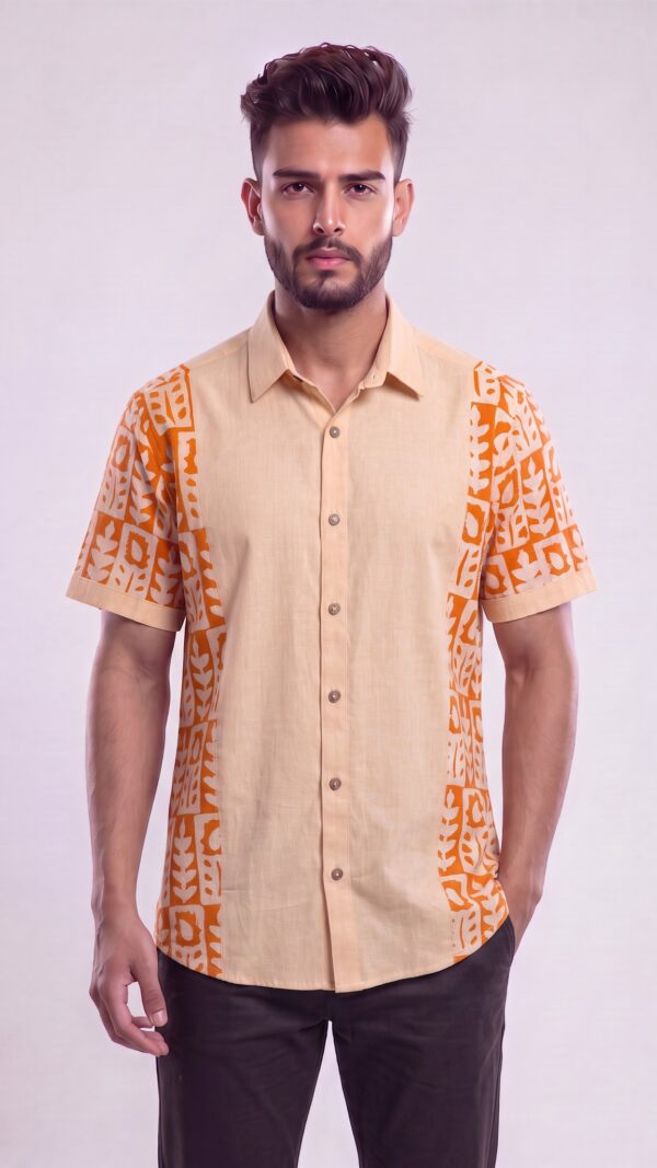 Untitled design - 2 Men Peach Vibrant Orange Cotton Batik Print Handloom Shirt